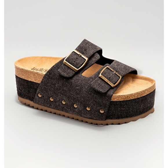 Hey Girl By Corkys Wannabe Black Denim Platform Sandals Double Buckle Strap 7 - Picture 1 of 9